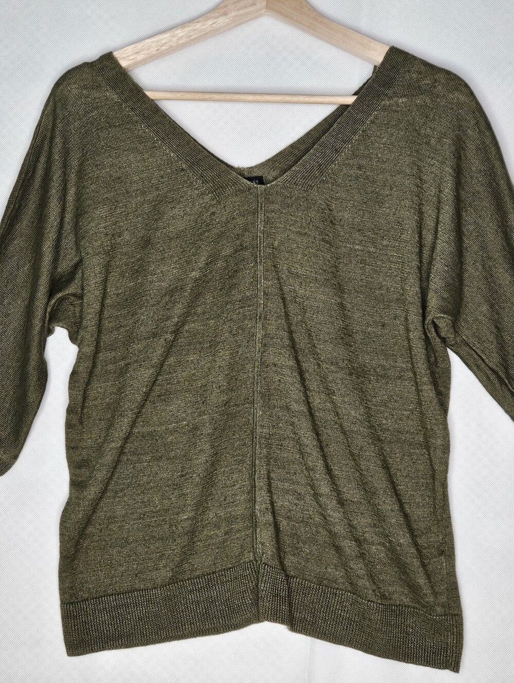 Talbots Olive Green Linen Knit Top Sweater Dolman 3/4 Sleeves Size M V-Neck